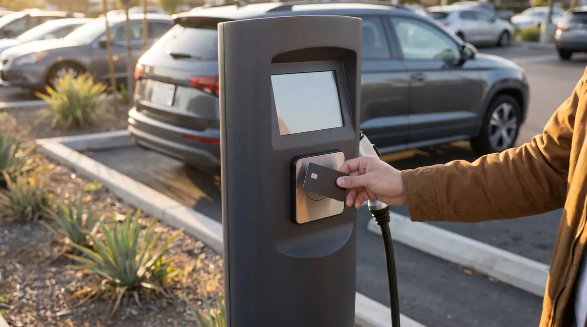 A driver taps a card on a pedestal charger