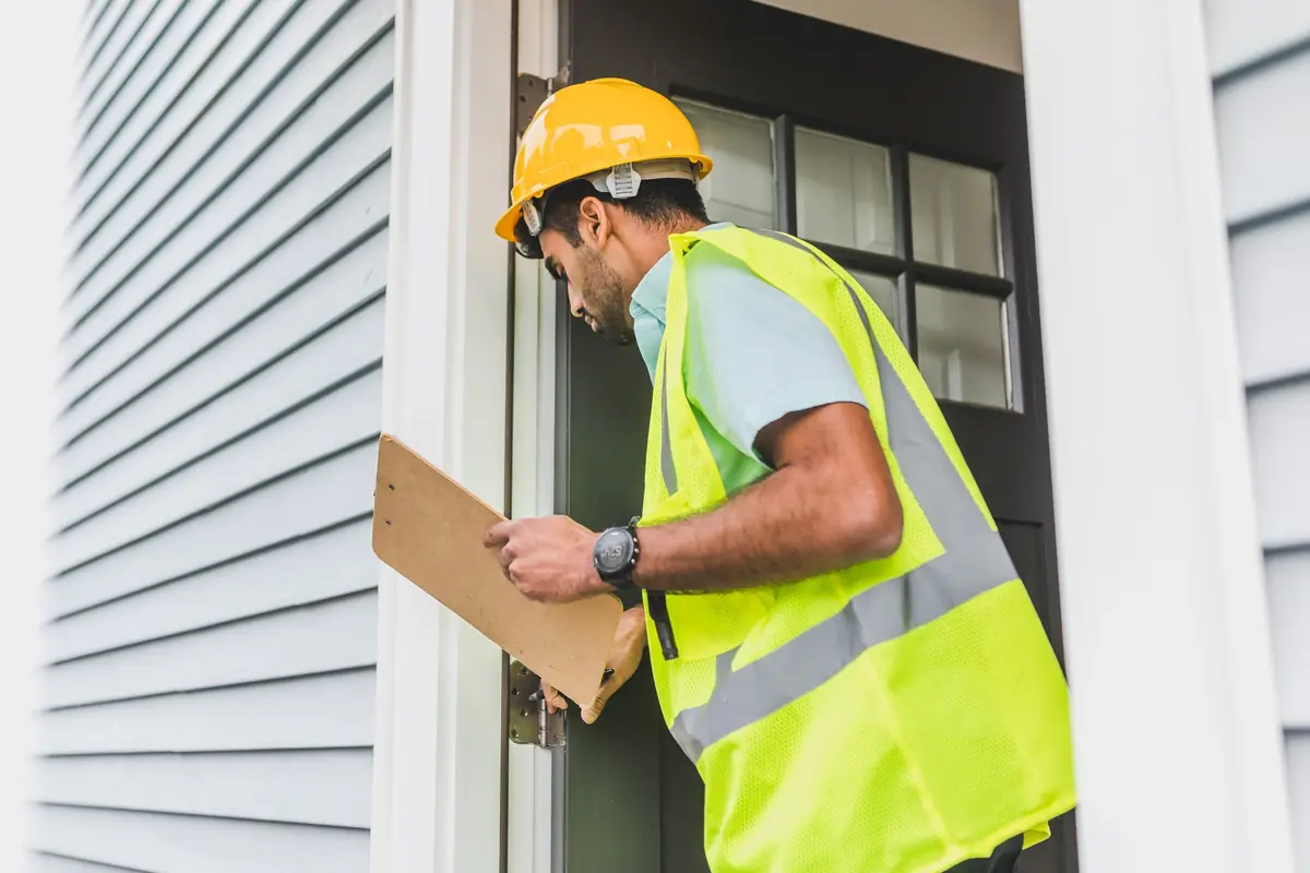 An inspector with a clipboard checks a house