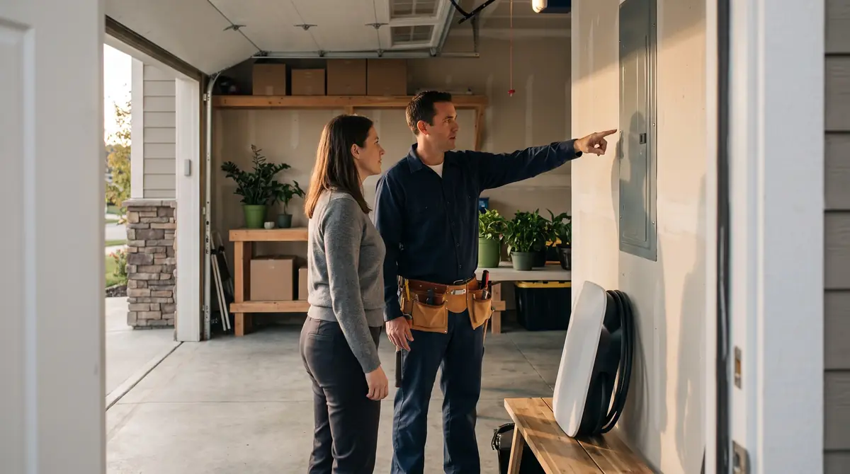 An electrician and a homeowner look over a garage wall