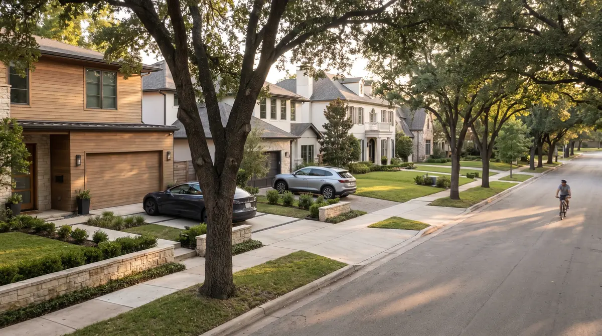 A tree-lined residential street with driveways in late sun