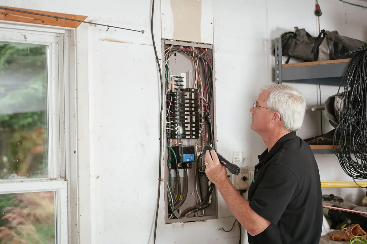 An electrician checks a home electrical panel in a garage