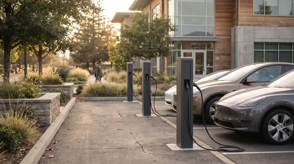 A row of pedestal chargers outside a modern office
