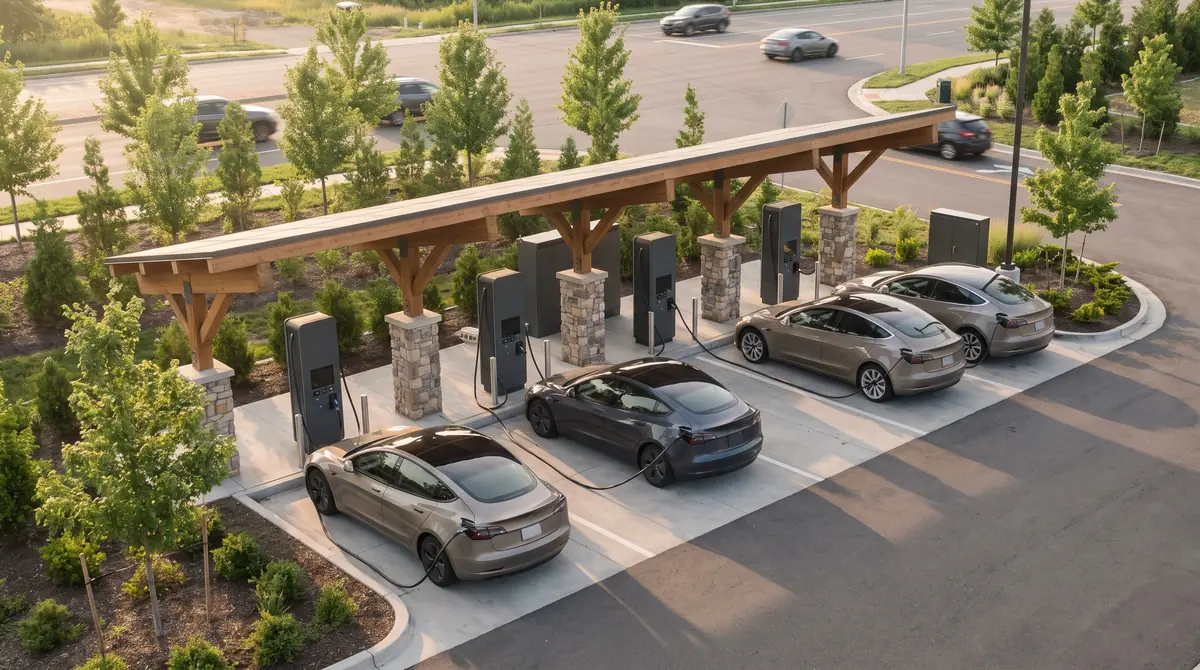 Aerial view of a car park with a shaded row of charging spaces