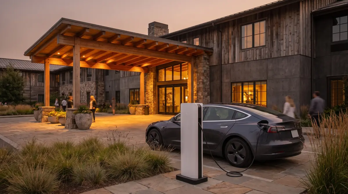 A car charging beside a timber hotel entrance at dusk