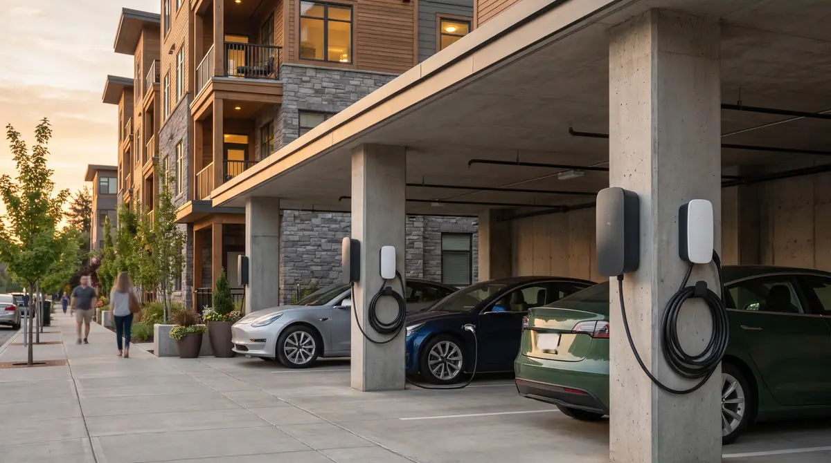 Covered resident parking with wall chargers under an apartment building