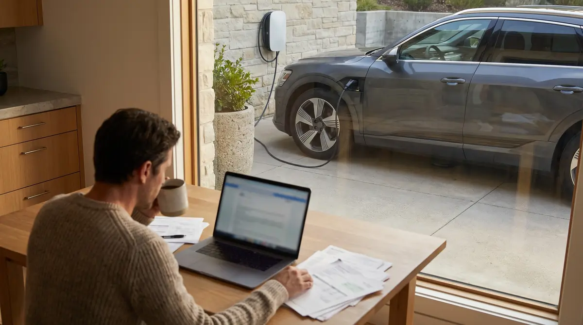 A man reviews paperwork at a desk by a window, a car charging outside